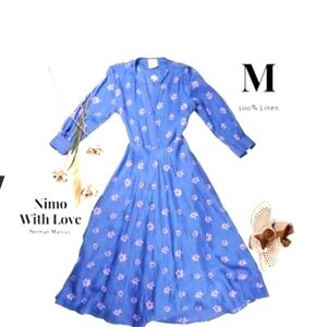 New NIMO With Love Neiman Marcus Blue Poppy 100% Linen Maxi Dress Sz M